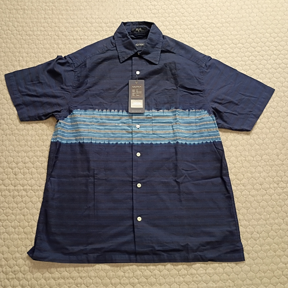 Nautica Shirt Men's Small Cotton Button Down Short Sleeve Navy With Tie Dye NWT